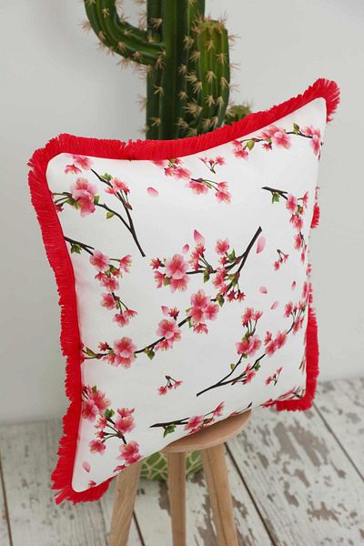 Aisha's Design Cherry Blossom Patterned Cushion Cover with Fringed Edges 45X45 Cm,K-407