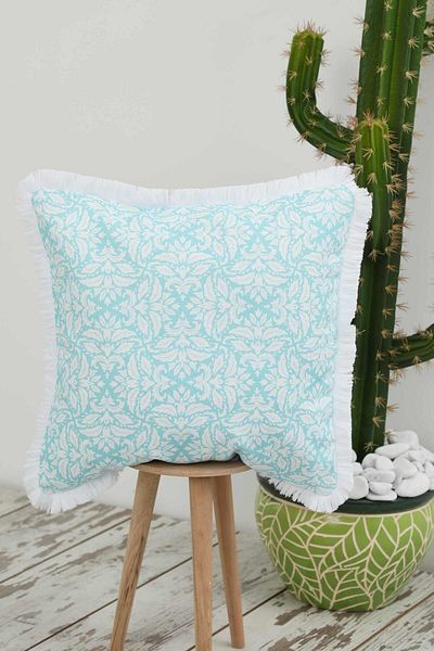 Aisha's Design Ocean Blue Motif Patterned Throw Pillow Cover with Fringed Edges 45X45 Cm,K-407