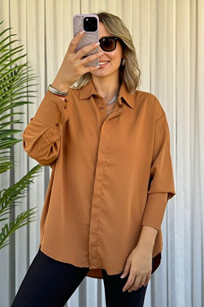 Mivida Bat Sleeve Oversize Brown Satin Shirt