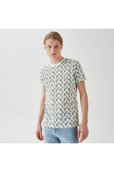 Lacoste Erkek Slim Fit Bisiklet Yaka Desenli Beyaz T-Shirt