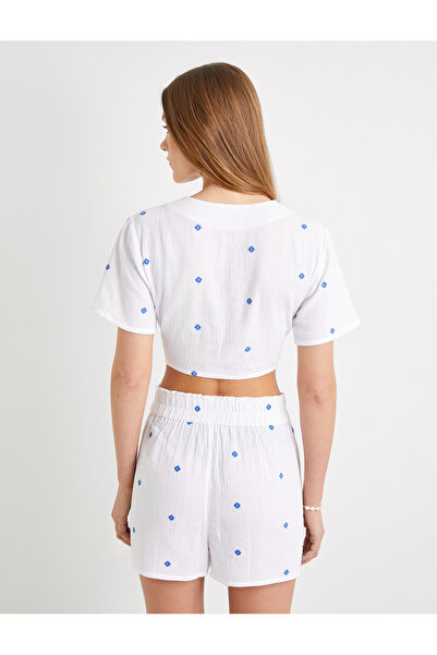 Koton Πουκάμισο Cotton Crop - Κοντό μανίκι και μπροστινή γραβάτα κεντημένη