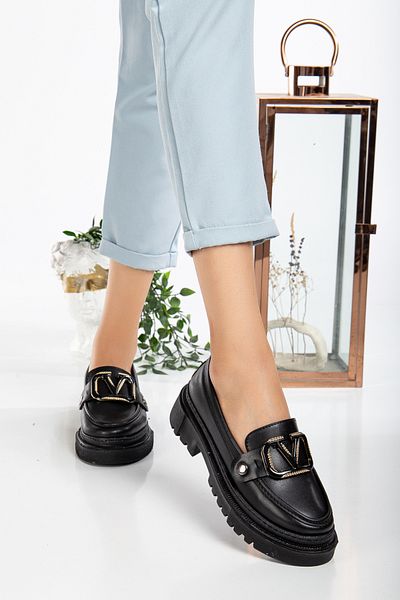 moun shoes Дамски мокасини с дебела подметка, черни, с катарама (подарък с обикновена катарама)