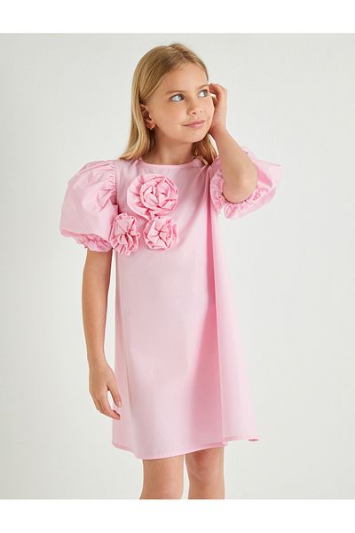 Koton Kleid mit Blumendruck, kurzen Ärmeln, Rundhalsausschnitt, Rüschendetail