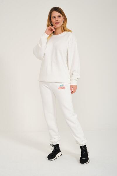 LUCKYPORT Love Smıle Breath Thank Be Okay Printed 0-Neck Tracksuit Set