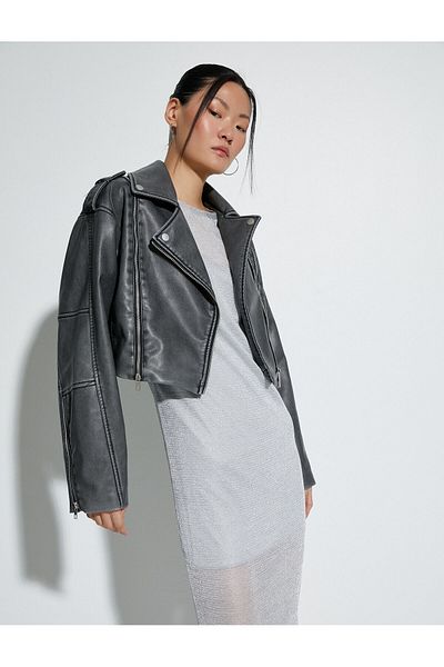 Koton Faux Leather Zippered Oversize Jacket - Pale Effect