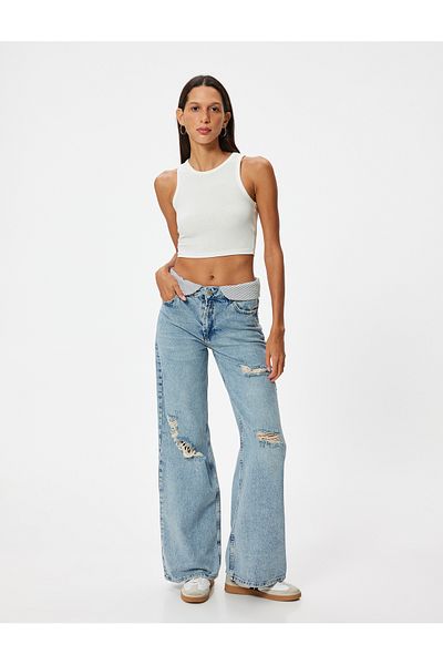 Koton Blugi rupti cu picioare late Pantaloni cu talie standard cu nasturi - Blugi Bianca cu picioare late