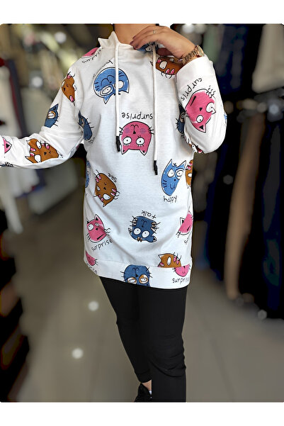 Sublime Butik Hanorac alb cu glugă cu imprimeu de pisici pentru femei