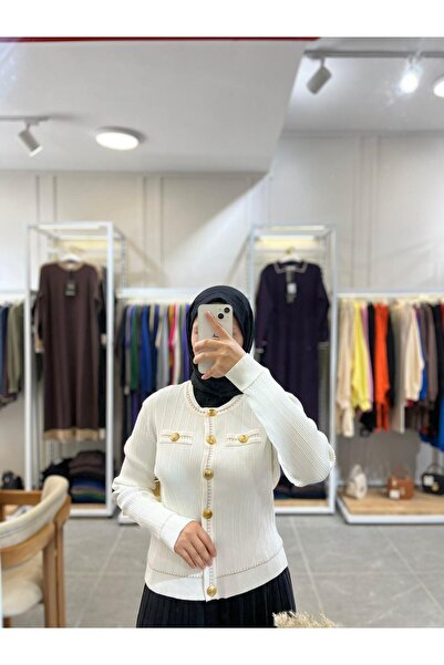 Nuss Ecru 1115 Model Thin Striped Short Cardigan