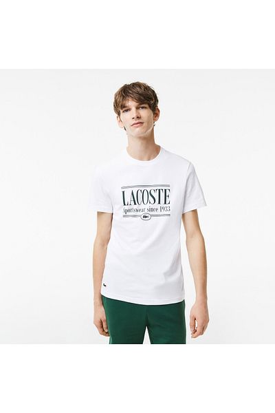 Lacoste تي شيرت رجالي أبيض مطبوع بقصة عادية - رقبة دائرية