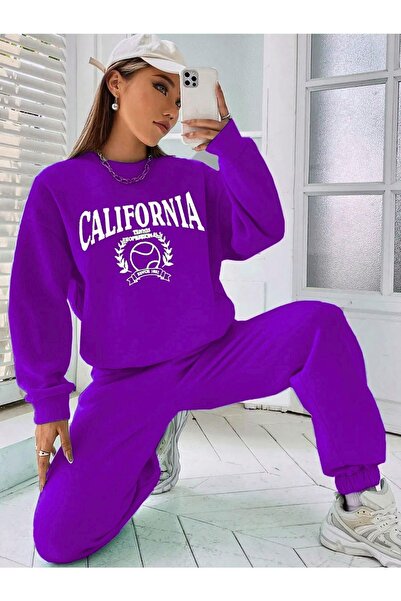 LUCKYPORT طقم بدلة رياضية مطبوعة بتصميم كاليفورنيا باللون الأرجواني مكون من 3 خيوط