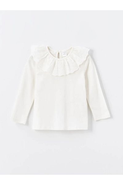 LC Waikiki Lcw Kids Cream Color Crew Neck Long Sleeve Embroidered Girl's T-Shirt