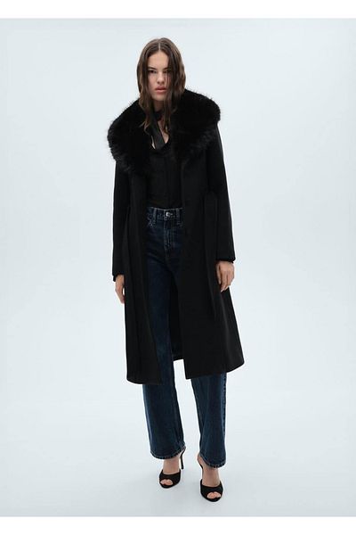 MANGO Woman Detachable Wool Coat with Fur Collar