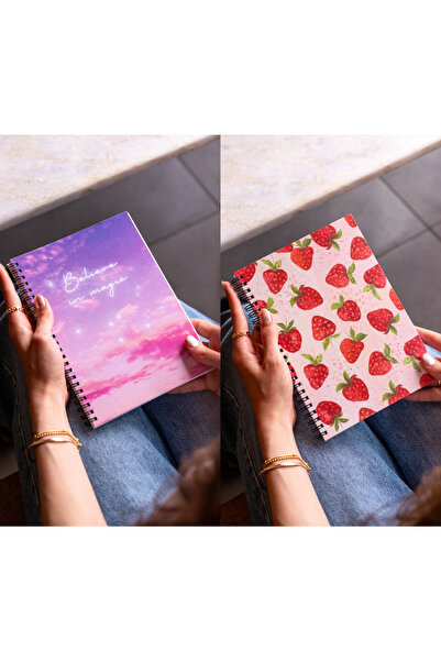 Fobinote دفتر ملاحظات مدرسي حلزوني مخطط مقاس A5 - 80 ورقة، مجموعة من 2 (سحر الفراولة)