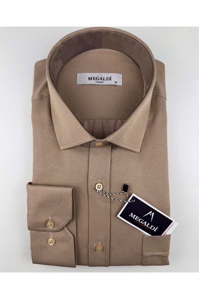 MEGALDİ Erkek Bej Klasik Kesim Uzun Kollu Balık Sırtı Gömlek