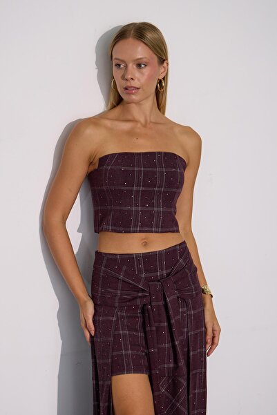 NOK İSTANBUL Super Crystal Plaid Ekoseli Crop Büstiyer Bordo