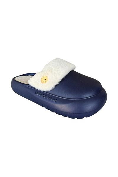 Liger Women's Dark Blue Slippers for Doctor Nurse Cook - Washable Button Detail and Fur Inside