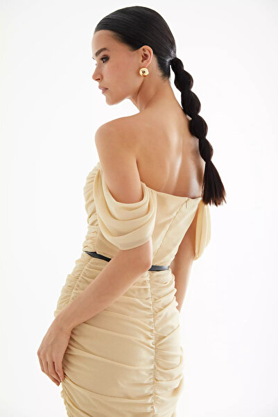 Keikei Bej sifon kolsuz uzun elbise