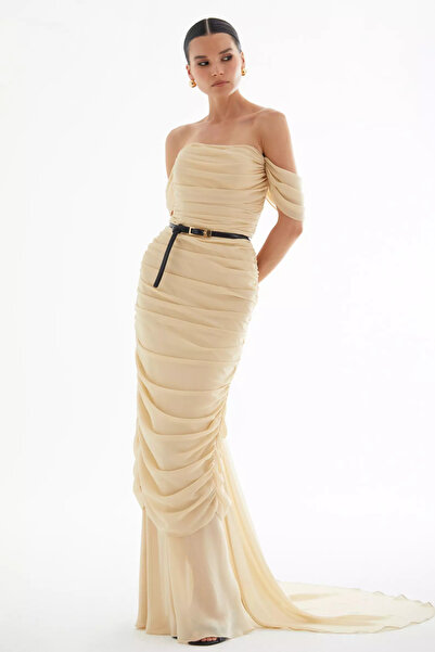 Keikei Bej sifon kolsuz uzun elbise