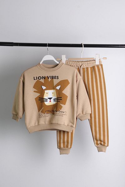Magu Lion Patterned 3 Thread Cotton Sweatshirt and Striped Tracksuit Set for Boys
