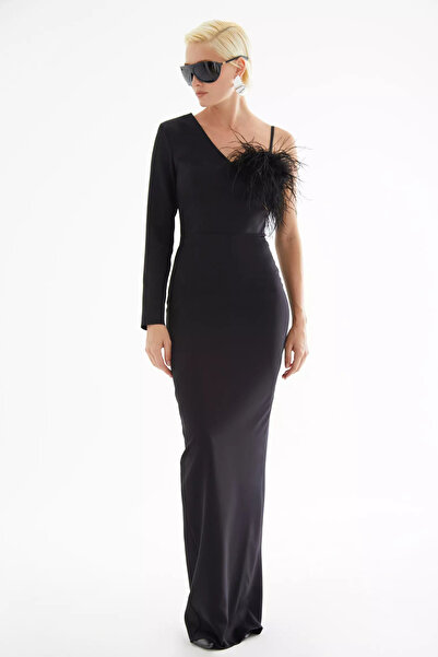 Keikei Siyah krep tek kol uzun elbise