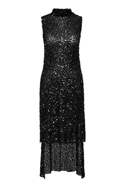 Keikei Siyah pul payet kolsuz uzun tunik