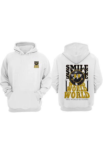 THEWERT Λευκό φούτερ με τυπωμένο κανονικό σχέδιο Unisex Smile World μπροστά και πίσω