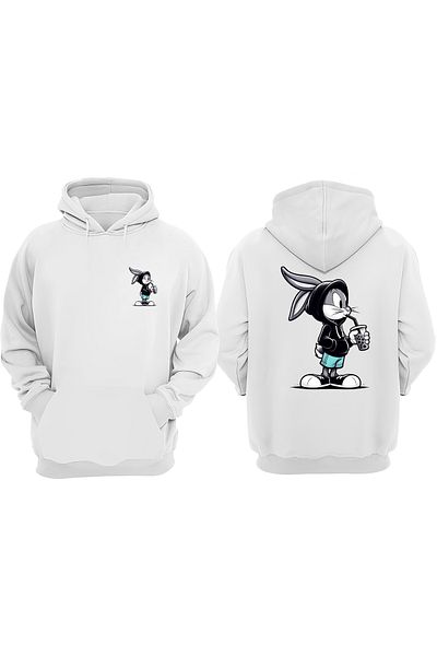 THEWERT Unisex Bugs Bunny Drink Σχέδιο Μπροστινό Πίσω Τυπωμένο κανονικό λευκό φούτερ