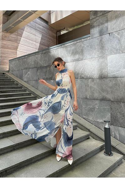 SEDA FİDAN Rochie de zbor cu fantă lungă cu imprimeu albastru