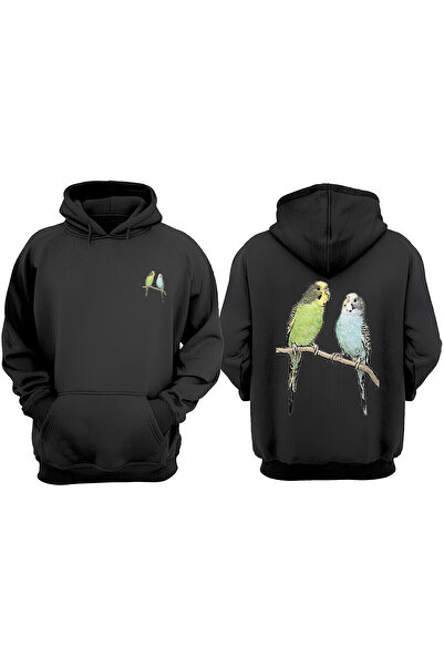 THEWERT Hanorac negru unisex Lovebirds, cu imprimeu în față și în spate