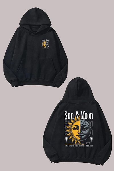 THEWERT Unisex Sun And Moon Human Face Σχέδιο Μπροστινό Πίσω Τυπωμένο κανονικό μαύρο φούτερ