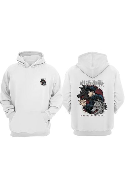 THEWERT Megumi Fushigoro Wolf Design - Unisex Λευκό φούτερ με στάμπα μπροστά και πίσω