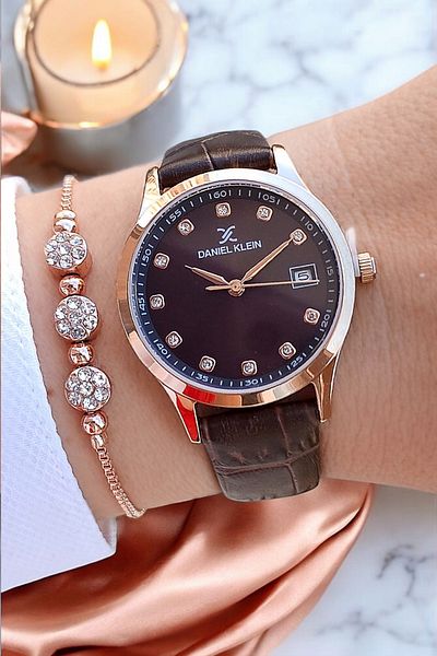 Daniel Klein Rose Case Women's Wristwatch - with Calendar, Jewelled and Leather Strap, Bracelet with Gift