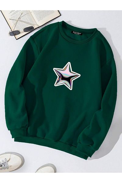 SOFTWAY Σκούρο πράσινο Unisex Oversize φούτερ - Crew Neck, Shining Metallic Star Print