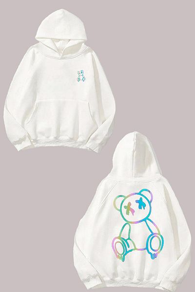 THEWERT Λευκό φούτερ με τυπωμένο κανονικό σχέδιο Unisex Colorful Bear μπροστά και πίσω