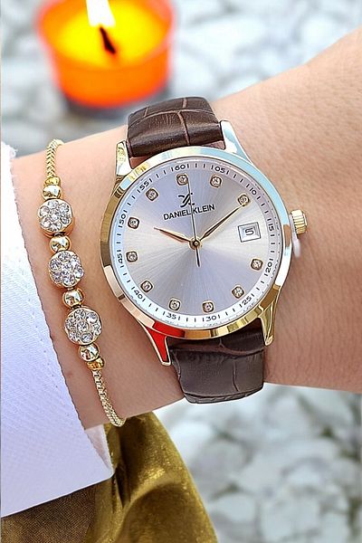 Daniel Klein Women's Brown Leather Strap Calendar Wristwatch, Jewelled Bracelet