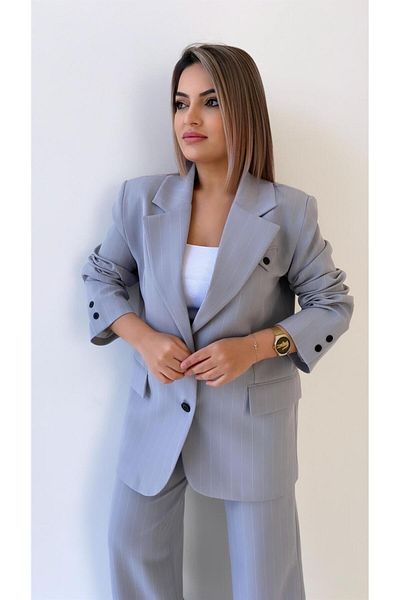 SEDA FİDAN Double Buttoned Striped Atlas Jacket Gray