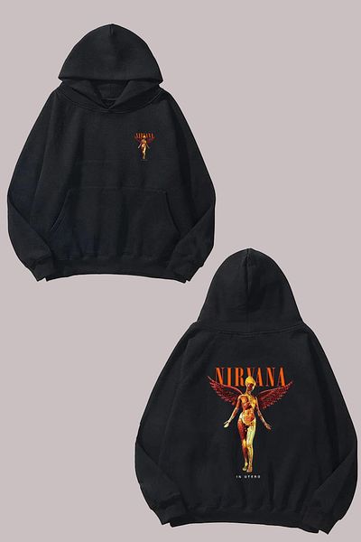 THEWERT Unisex Nirvana Angel Σχέδιο Μπροστινό Πίσω Εκτύπωση Normal Fit Μαύρο φούτερ