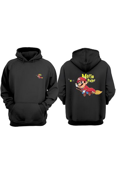 THEWERT Hanorac negru unisex cu design Mario Potter, imprimat în față și în spate