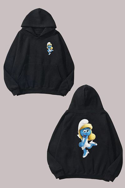 THEWERT Unisex Smurfs Smurf Design Front Back Printed Regular Fit Black Sweatshirt
