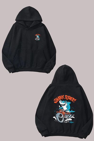 THEWERT Unisex Shark Rider Motor Shark Σχέδιο Μπροστινό Πίσω Τυπωμένο κανονικό μαύρο φούτερ