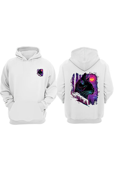 THEWERT Унісекс фіолетовий котячий дизайн з принтом спереду і ззаду, звичайний крій, білий світшот