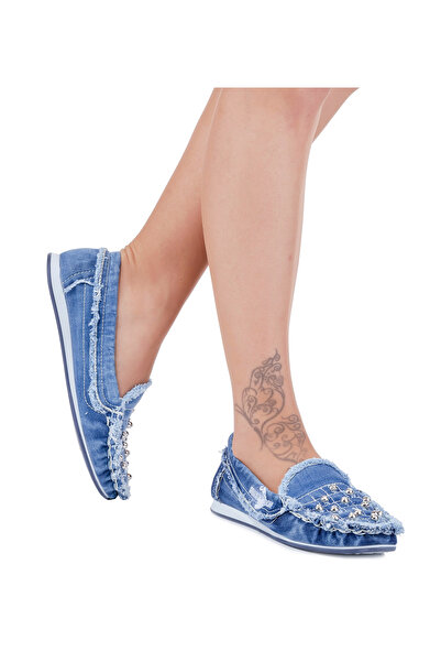 Butik Kadın Babet Ayakkabı Kot Taş Detaylı Jeanolog