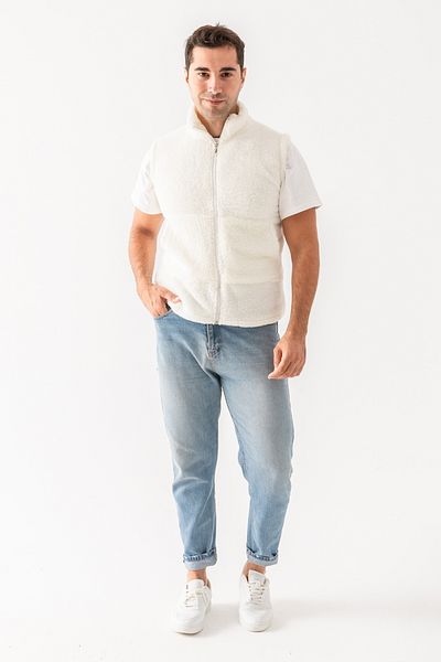 EtkiModa Men's Ecru Sleeveless Unlined Zippered Plush Vest
