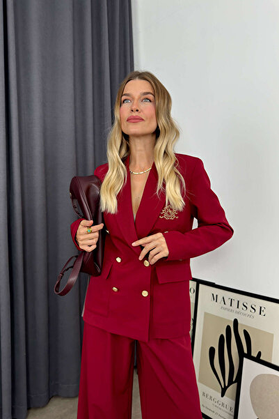 Sue Store Σετ παντελόνι Claret Red Gold με κουμπιά Premium Jacket