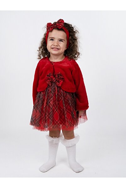 KIRMIZI EKOSE DESENLİ TÜL ELBİSE TAKIM 3 LÜ SET BANT/ BOLERO/ ELBİSE