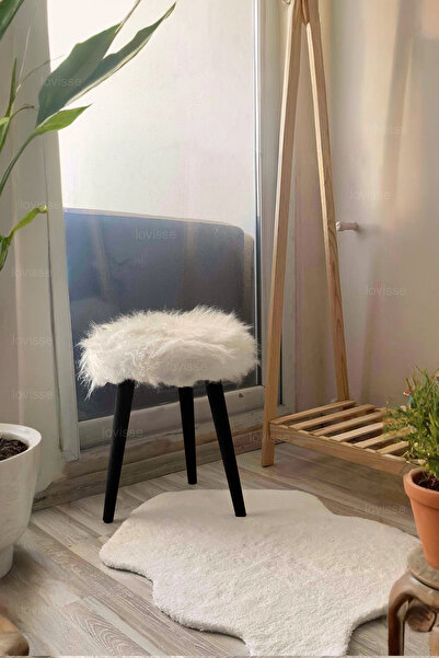 LOVİSSE HOME Handmade Moda Puf, Beyaz Peluş, Siyah Ahşap Ayak Puf, Koltuk San...