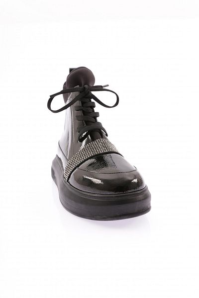 DGN 970 Women's - Silver Stone Patent Leather Boots, Black, Stretch Detail