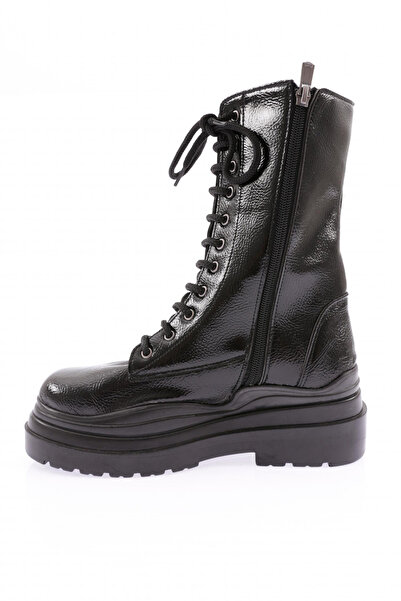 DGN Kadın Kalın Taba Bağcıklı Bot Siyah Kırışık Rugan 1230173122674