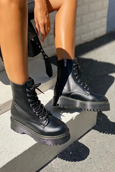 Scarpebutik Leather Women's Boots Thin Fur Lace-Up Boots & Bootie & Waterproof Sole Stitched Boots