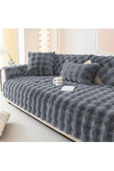 MER HOME Smoke Colored Rabbit Plush 80*190cm Size - for Three People Embossed Sofa (1 Piece)